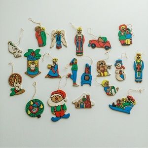 Vintage Wooden Christmas Ornaments Hand Painted Lot of 19